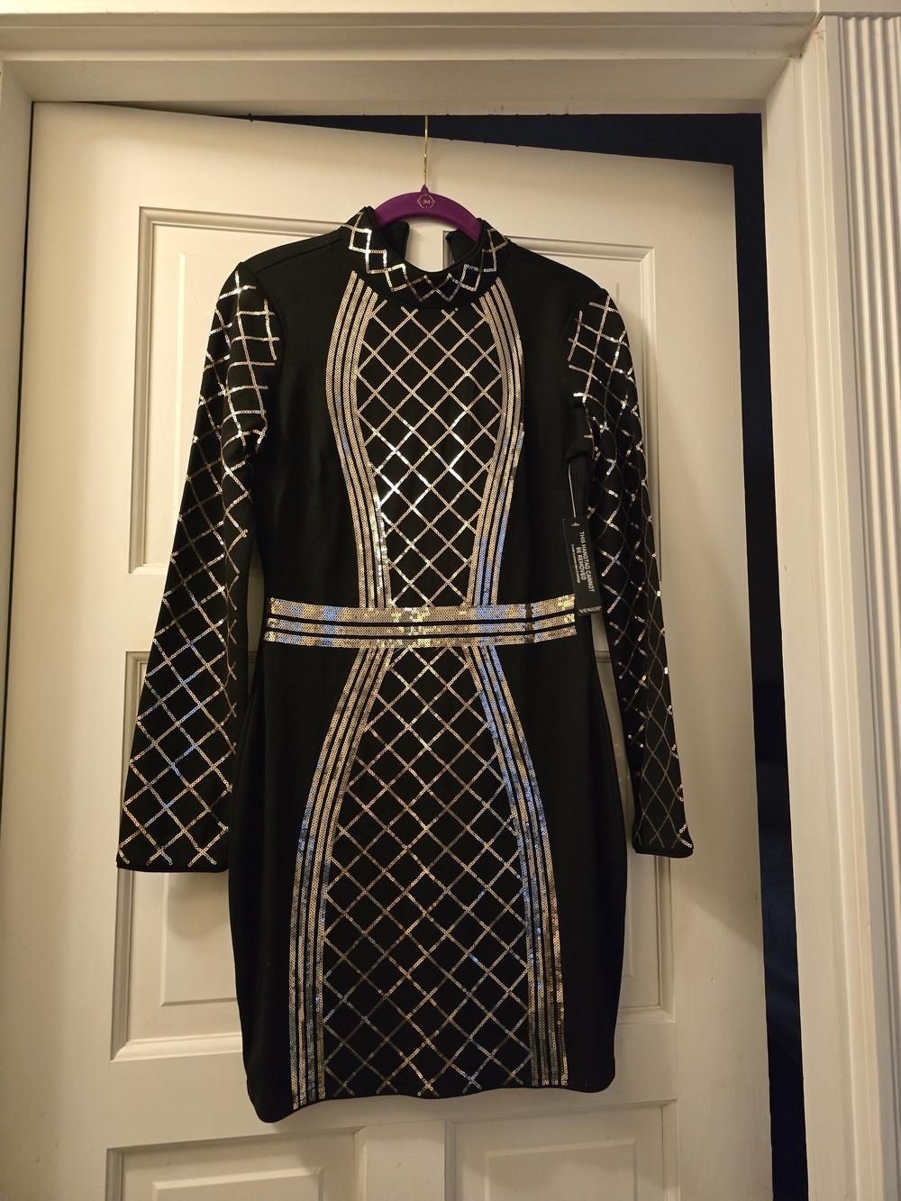 VENUS Black Long-Sleeve Dress with Silver Metallic Grid